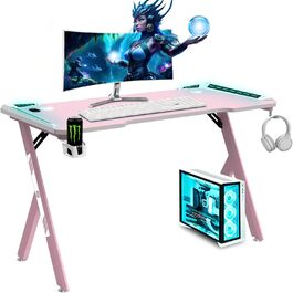 Ігровий стіл NK з LED-підсвічуванням (120x60 см) - з тримачем для напоїв та пляшок, тримачем для навушників, кабельною організацією, стільниця 1.5 см, вантажопідйомність 100 кг, рожевий