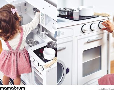 Дитяча дерев'яна кухня Mamabrum з LED-підсвічуванням. Регульована висота, набір з аксесуарами (крижанка, мікрохвильова піч, плита, посудомийна машина). Іграшка для дітей від 3 років (кухня для хлопчиків та дівчаток, білий колір)