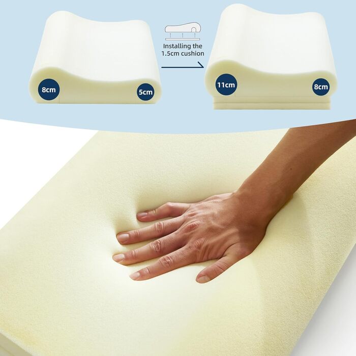 Подушка NOFFA з піною з пам'яті Memory Foam, ортопедична, для сну на спині, боці та животі, регульована висота та жорсткість, 55 x 35 x (11/8, 8/5) см, 60 x 35 x 12 см, сірий & білий колір