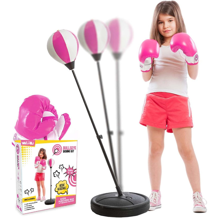 Боксерський м'яч Whoobli для дітей в т.ч. боксерські рукавички, 3 - 10 років, регульований дитячий боксерський м'яч з підставкою, набір боксерських м'ячів Іграшки для хлопчиків і дівчаток (червоно-білий) Рожевий/білий боксбол