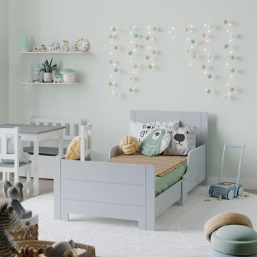 Дерев'яне дитяче ліжко URBNLIVING з бічною захисною перекладиною, сірий колір, для дівчаток та хлопчиків, ідеально для дитячої кімнати