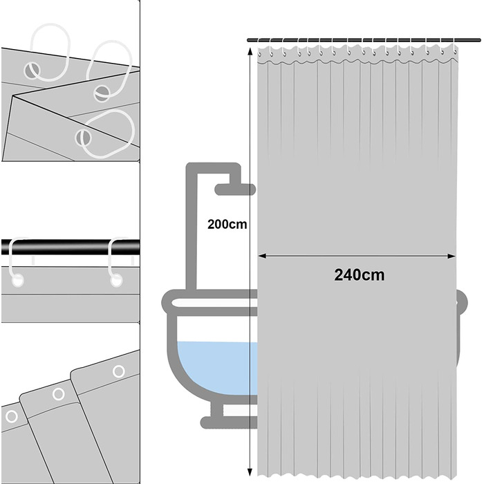 Штора для душу WOLTU 240x200 см Антибактеріальна Водонепроникна Миється з 14 кільцями Сірий