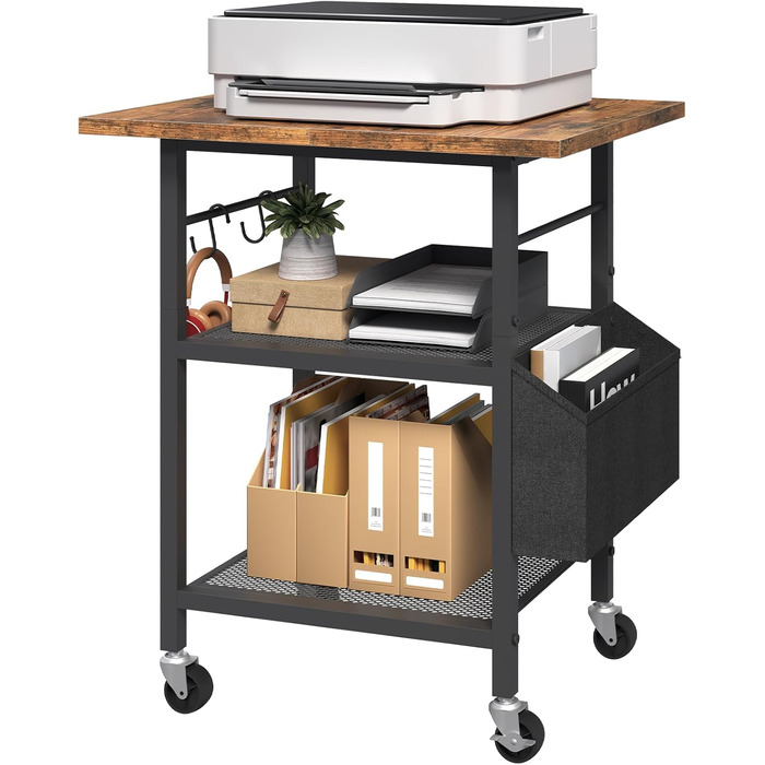 Трирівневий стіл для принтера з ящиком, контейнер на коліщатках, стійка для принтера, полиця для зберігання, в стилі індустріального лофту, з бічною кишенею, дерев'яна полиця, 2 S-гачки, для домашнього офісу, рустикально-коричневий та чорний, APTHR2501, 5