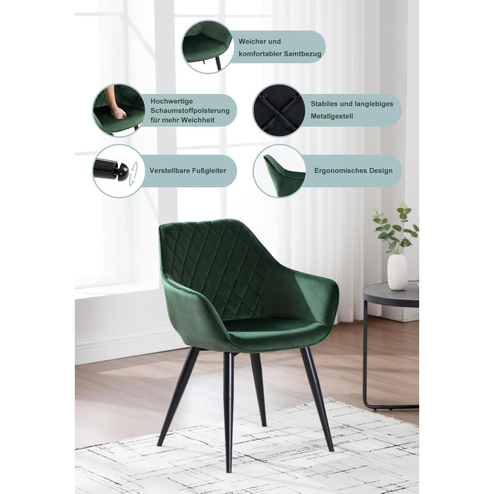 Набір з 2 стільців Woltu Esszimmerstühle: м'які крісла з підлокітниками для кухні, вітальні, обідньої кімнати, зелений велюр, металеві ніжки