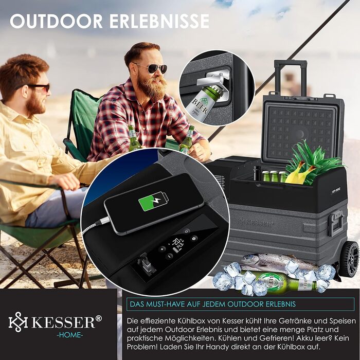 Холодильник-морозильник KESSER® Kompressor 52 л, з керуванням через APP, USB, 12/24/230V, -20°C, для авто/човнів, з телескопічною стійкою та коліщатами