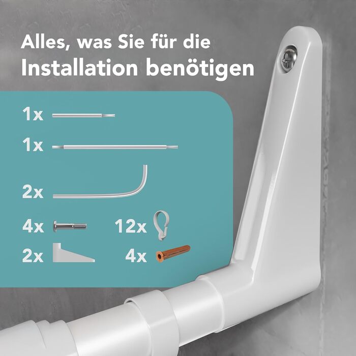 Штанга для душу Еріка L-подібної та U-подібної форми - 4-в-1 для ванни та душу - кутова штанга для душу - сталь з порошковим покриттям - без кріплень до стелі - білий колір