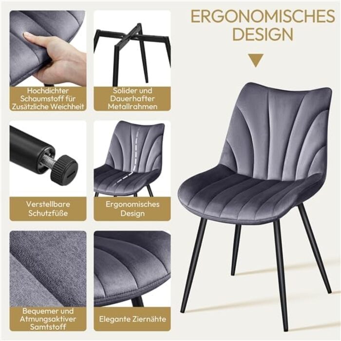 Набір обідніх стільців Yaheetech, 4 шт., з м'яким сидінням з велюру та металевими ніжками, до 150 кг, сірий
