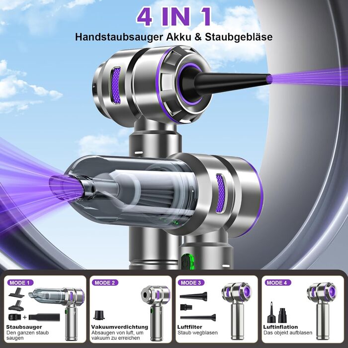 Акумуляторний ручний пилосос 4-в-1 для авто та дому, бездротовий пилосос з потужністю 28000Па та електричним обдувом (3 режими, 24000 об/хв) для прибирання салону, кухні, ПК та диванів