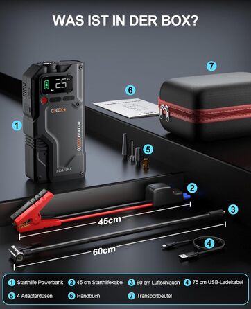 Powerbank з компресором Starthilfe 6500A: автостартер 12V для легкових автомобілів з повітряним насосом, бустер-акумулятор (для 9.0L бензину/8.5L дизеля) з пусковими кабелями, LED ліхтар 500 люмен (чорний), піковий струм 6500A