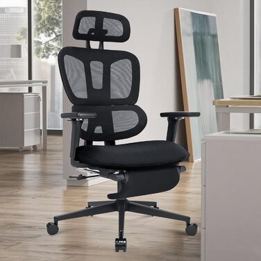 Ергономічне крісло для офісу з підніжкою, висока спинка, 2D підголівник, відкидні підлокітники, сидіння з губки, сітчастий офісний крісло, крісло для начальника, комп'ютерне крісло для дорослих, чорне