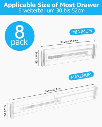 Набір роздільників для ящиків Cexovo, 8 шт., регульовані, пластикові. Роздільники для ящиків кухні, шафи, спальні, комода. Прозорі.