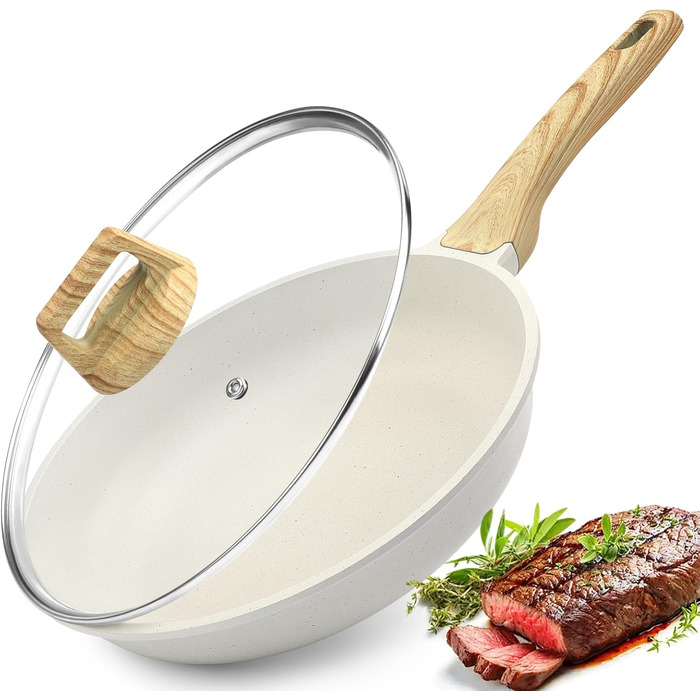 Гіп Керамічна сковорода з антипригарним покриттям з кришкою – 24 см, здорова, безпечна, для індукційних плит, без PFAS та PFOA, придатна для миття в посудомийній машині, з холодною ручкою, білий колір 24 см + кришка