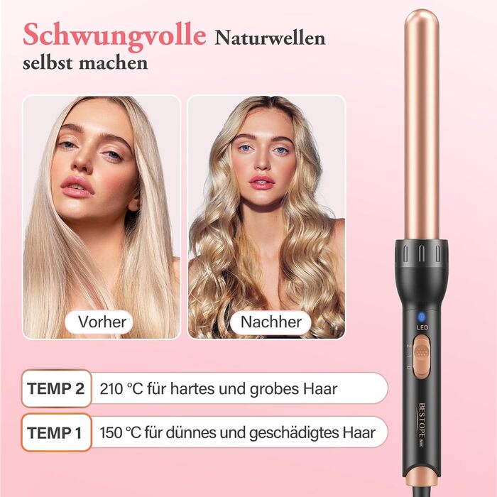 BESTOPE MIX Локкенштаб 5-в-1: Набір для завивки волосся з керамічним нагрівом, 9-32 мм, різні насадки для великих та маленьких локонів, швидкий нагрів, регульована температура, для довгих та коротких волосся