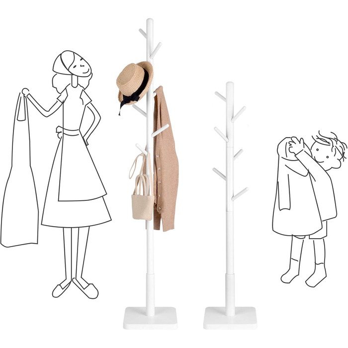 Стійка для одягу VASAGLE, дерев'яна, з 8 гачками, для передпокою, білий колір RCR010W02