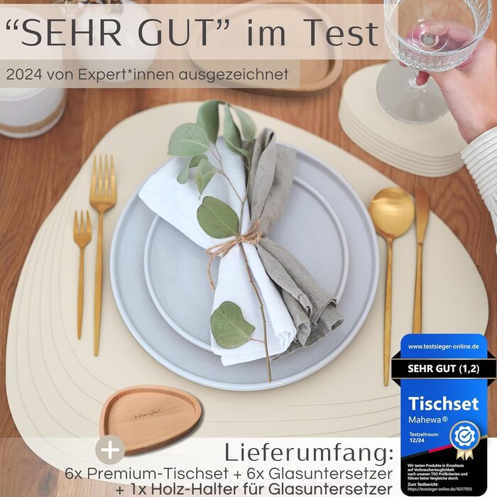 Набір Mahewa® з 6 преміум-підставників для столу з екошкіри, 6 шт. - підставки під тарілки, миються та водонепроникні, підставка під тарілки з імітацією шкіри (крем-бежевий, овальна з тримачем)