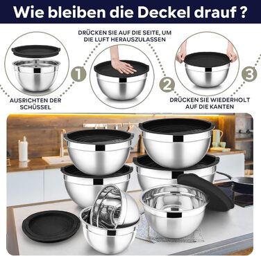 Набір місок HaWare 7 шт. з нержавіючої сталі з кришкою, 6.5-0.7L, чорний, для приготування їжі, миття в посудомийній машині