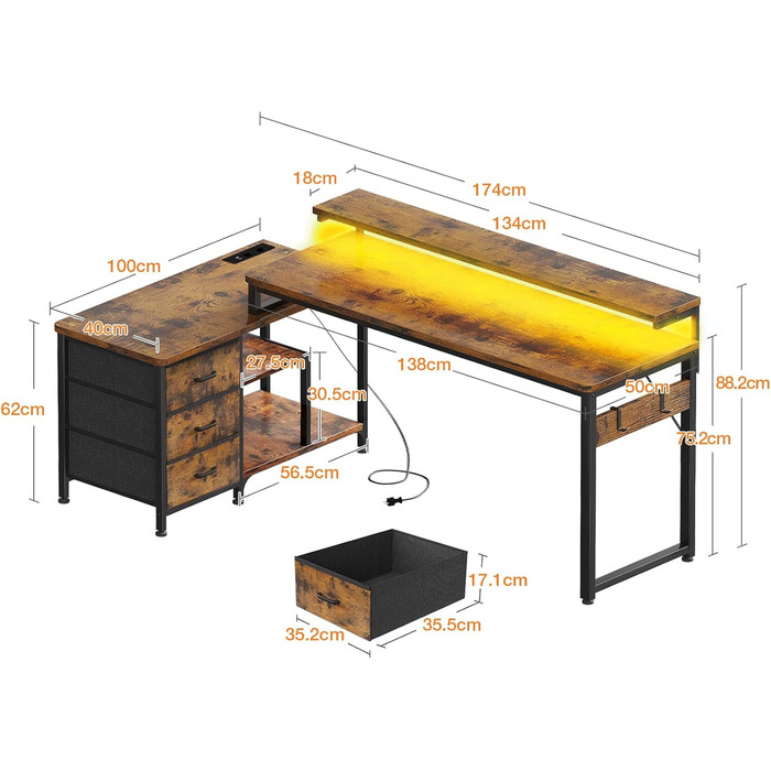Кутовий стіл ODK з ящиками 174x100 см, з полицею, реверсивний, для геймінгу, офісу, дому, коричневий