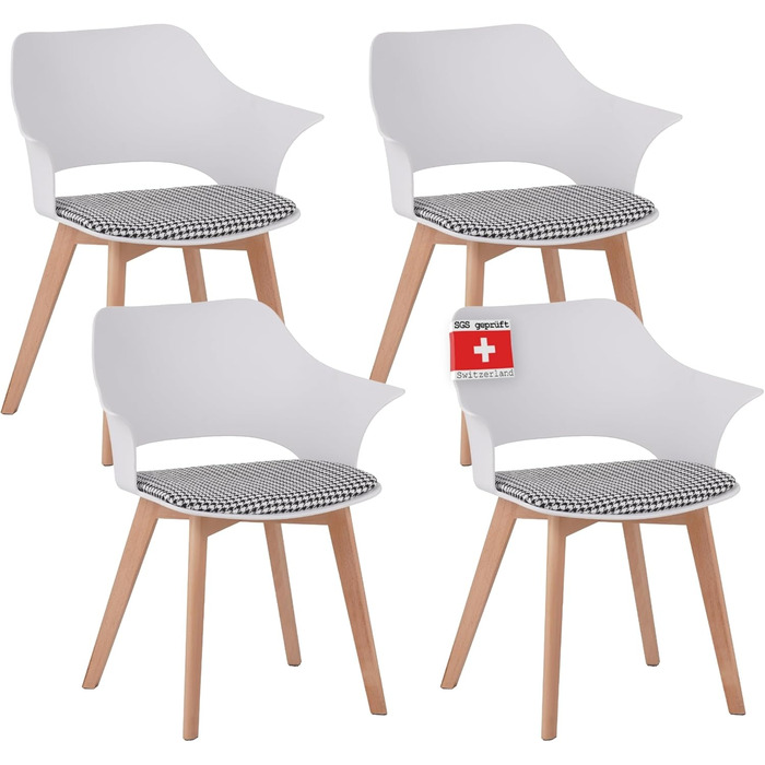 Набір з 4-х стільців Albatros для їдальні, Aalborg, білий - дерев'яні ніжки з масиву буку, скандинавський ретро-дизайн, зручний стільчик-чаша, елегантний кухонний стілець для обіднього столу