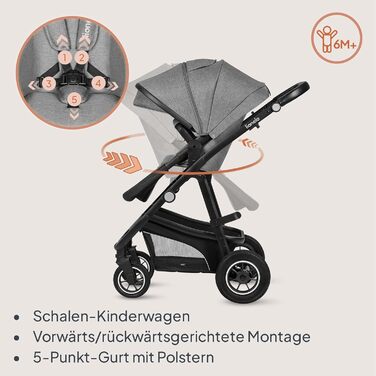 Дитяча коляска Lionelo Bianka 3 в 1 до 22 кг з автокріслом, компактна, регулювання спинки, колеса 360°, амортизація, великий капюшон (сіра)