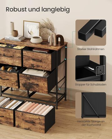 SONGMICS Комод з 8 висувними ящиками, шафа для зберігання, сталь, MDF, флізелін, для спальні, прихожої, вітальні, вінтажний коричневий + чорний, LGS124BH04