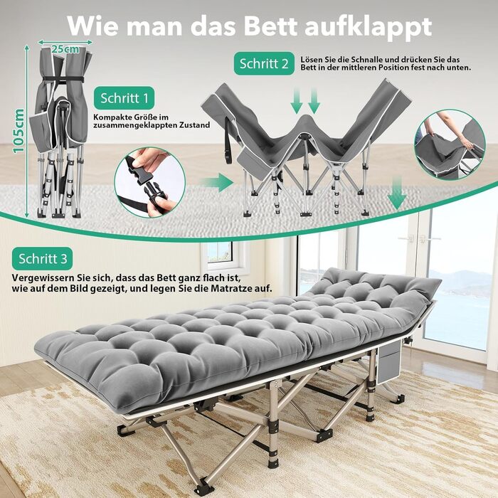 Розкладне ліжко для кемпінгу з матрацом та сумкою-переноскою, посилене (до 208 кг), XL 190x71x35 см, сіре