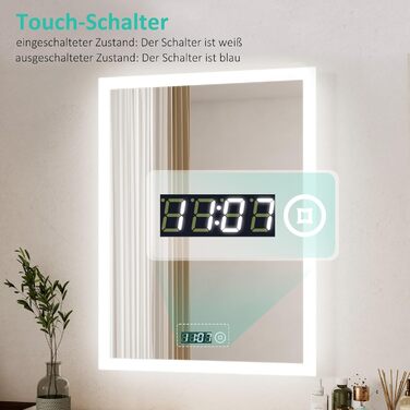 Дзеркало для ванної кімнати з підсвічуванням та годинником 50x70 см. LED дзеркало з сенсорним керуванням, 3 кольори світла, регулювання яскравості, 2470LM, стиль JB