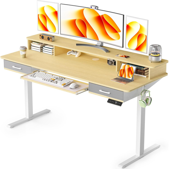 Регульований стіл WALKINGDESK для дому та офісу: електричний, з ящиками та підставкою для клавіатури (160x60 см, білий дуб)