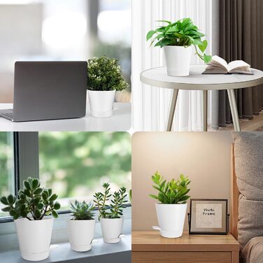 5 шт. пластикові горщики для квітів з системою поливу, 17.8/16.5/15.2/13.9/12.7 см. Самополивні горщики з підставкою, круглі, для дому, балкону, саду, сукулентів, кактусів, зелені (білі)