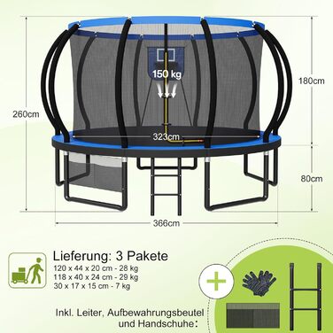 Батут садовий Devoko з сіткою та баскетбольним кільцем, 366 см, до 150 кг - для дітей та дорослих, блакитний