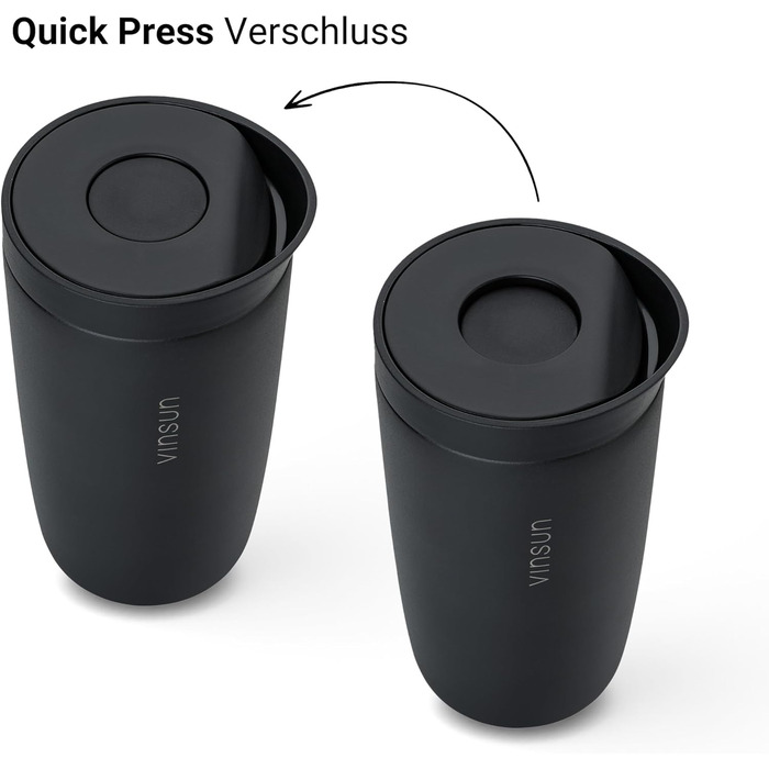 Термокружка VINSUN 350 мл, не протікає, з нержавіючої сталі, для гарячих та холодних напоїв, з Quick Press кришкою, для авто, університету (Чорний)