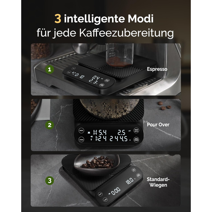 Ваги для кави Maestri House S3 з таймером, 3 кг/0,1 г, перезаряджувані, цифрові, для еспресо, з 3 режимами заварювання, регульованими співвідношеннями та індикатором потоку, для Pour Over, French Press – чорні