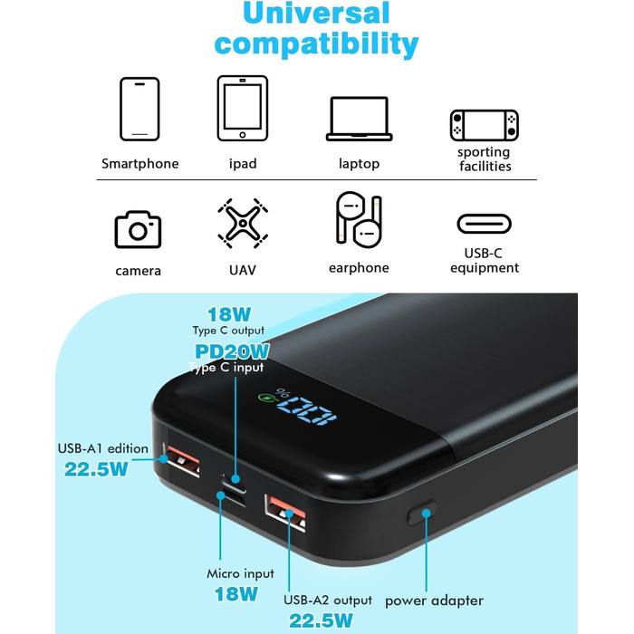 Зовнішній акумулятор 27 000 мАг, повербанк PD3.0 QC4.0 USB C 22,5 Вт, швидкий зарядний пристрій з LCD дисплеєм