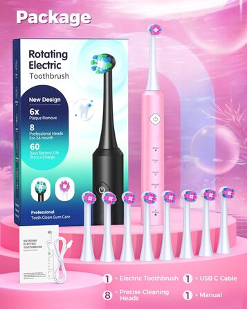 Електрична зубна щітка для дорослих Rotierende з 8 насадками, 4 режимами чищення, акумулятором на 60 днів та розумним таймером 2 хв - Професійна електрична щітка (Рожева)