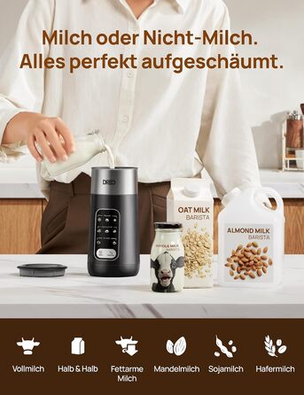 Електричний спінювач молока Dreo 8-в-1 для лате-арту, 270 мл, з підігрівом, LED, чорний