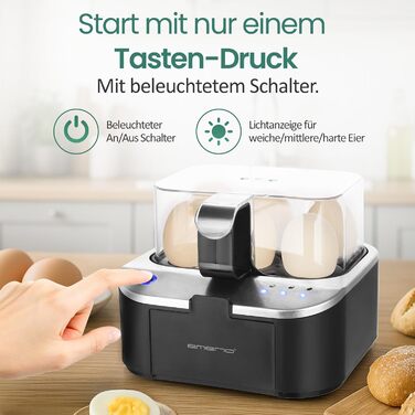 Електричний яйцеварка Emerio SIEGER: 3 ступені нагріву, голосове сповіщення, BPA Free, EB-123177.1, чорний/сріблястий