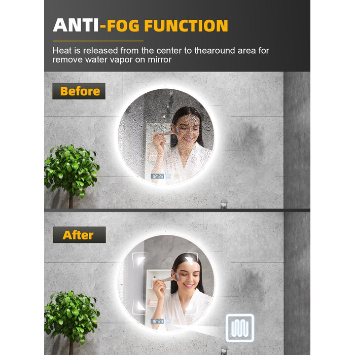 Дзеркало для ванної кімнати Bellanny LED з підсвічуванням 60 см | Настінне дзеркало для макіяжу, косметичне дзеркало | Дзеркало для макіяжу з сенсорним вимикачем, 3 кольори світла, регулювання яскравості, проти запотівання, IP44, кругле, горизонтальне/вер