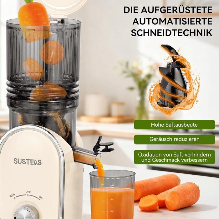 Електричний соковичавник SUSTEAS, 133 мм, повільний віджим, 300 Вт, 1.5 л, для цілих фруктів та овочів, легкий у чищенні, висока вихідність соку, білий