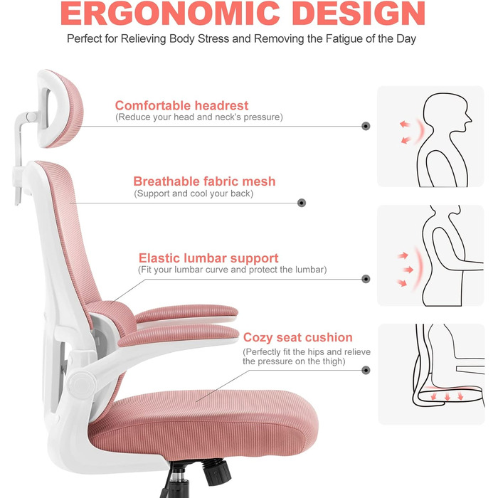 Ергономічне офісне крісло LIYURUI, регульоване, з підголівником, поперековою підтримкою, відкидний підлокітник, рожевий