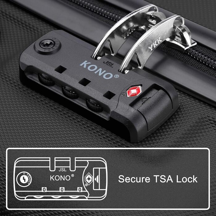 Чемодан KONO 24 дюйми, ABS, з TSA-замком, 4 колеса, 65×44×25.5 см, чорний, 3-частинний набір