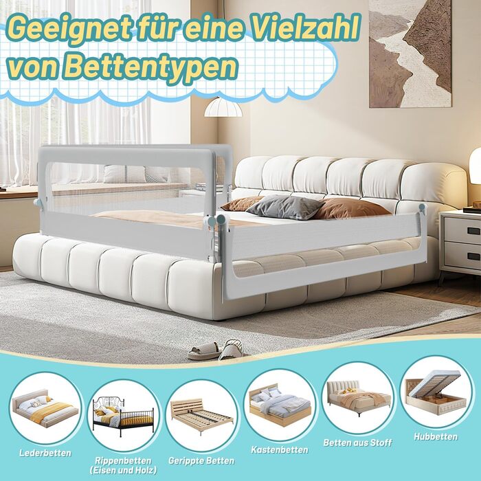 Бортик для ліжка дитячого 200 см, сірий, складаний на 180 градусів, регульована висота 72-86 см, з ременями кріплення