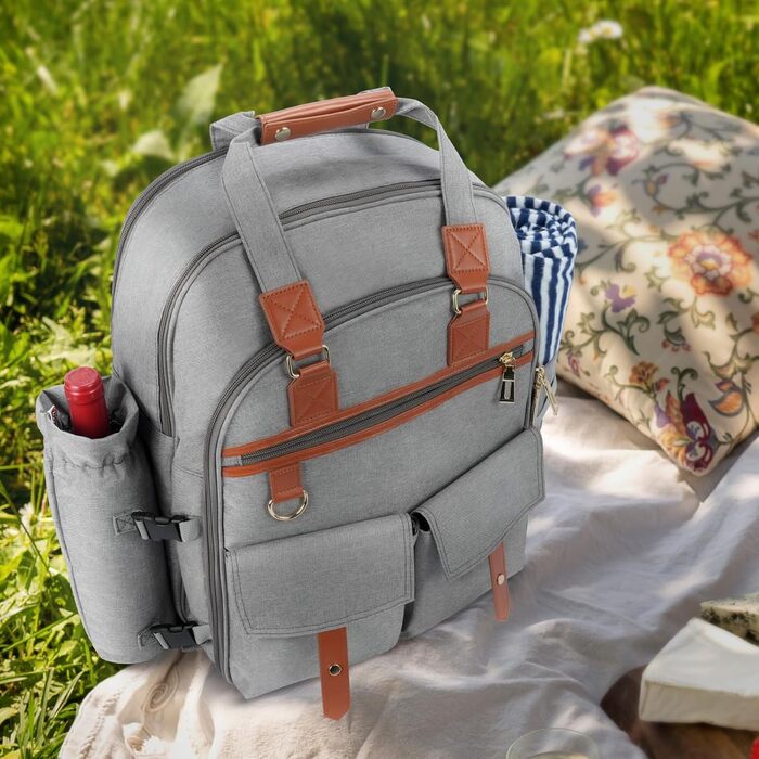 Набір для пікніка на 4 особи з термосумкою, флісовою ковдрою, столовим приладдям, для кемпінгу, пляжу, подорожей, походів (Світло-сірий)