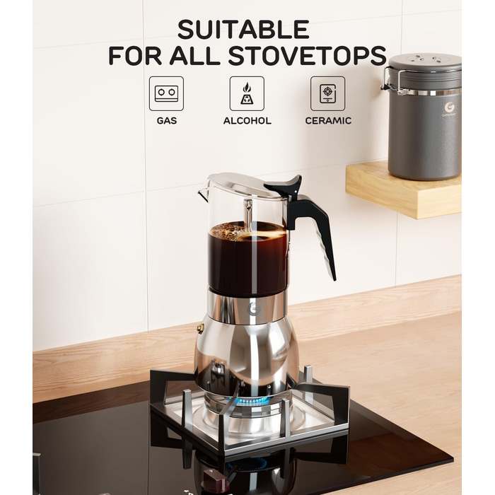 Кавоварка Espresso Gator для плити, мока-каструля з прозорого скла та нержавіючої сталі - кава по-італійськи, 9 чашок (450 мл), нержавіюча сталь