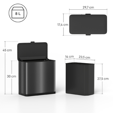 Відро для сміття HOMCOM, 8 л, може бути встановлене як на підлозі, так і підвішене, нержавіюча сталь, чорний