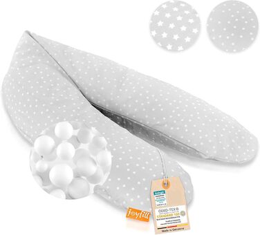 Подушка для годування Joyfill® Premium Stillkissen з мікроперлин, 170 см - ідеальна для сну та годування. Зручна та тиха завдяки наповнювачу з мікроперлин. Бічна подушка для годування, 100% Made in Germany. Сірий колір, в горошок.