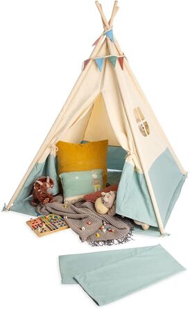 Намет PINOLINO Tipi для дітей – Yuma | Індіанський намет з вікном, килимком та гірляндою, 120x120x155 см, швидка збірка, кремовий/пастельно-блакитний