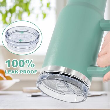 Термокружка FECBK з соломкою та ручкою 1,2L, 100% без витоку, нержавіюча сталь, вакуумна ізоляція, з ручкою, зберігає тепло 12 год / холод 34 год, Gepard (м'ятний)