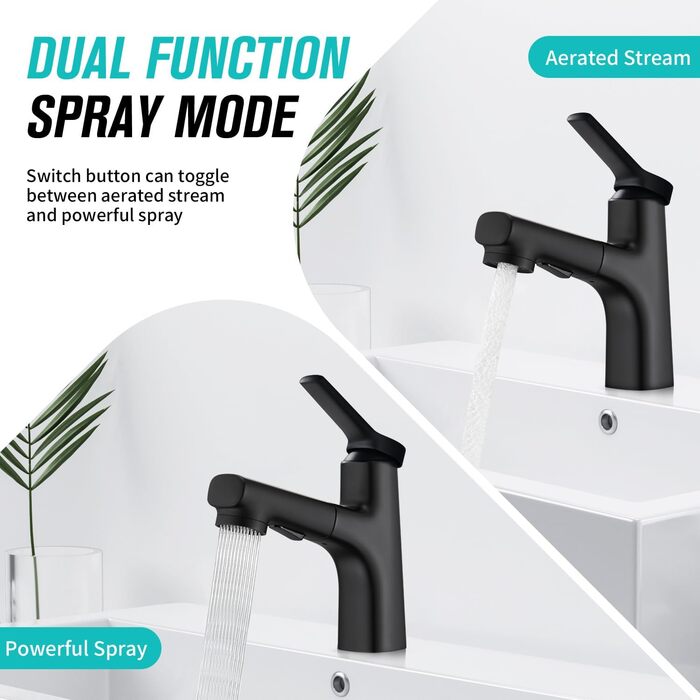 Сучасний змішувач для ванної кімнати CREA з висувною лійкою, 2 режими струменя, одноlever, з міді з хромовим покриттям (чорний)