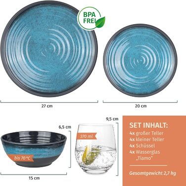 Набір посуду для кемпінгу Stone Design (12 предметів) | Меламін, для 4 осіб | Мийка в посудомийній машині | Набір для пікніка