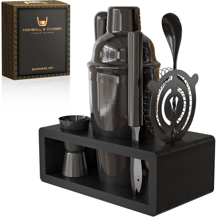 Набір бармена Highball & Chaser Elite з бамбуковим підставкою: шейкер, інструменти, Gunmetal