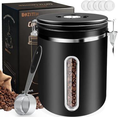 Контейнер для кави 1 кг з нержавіючої сталі з герметичним клапаном, вікном та мірною ложкою